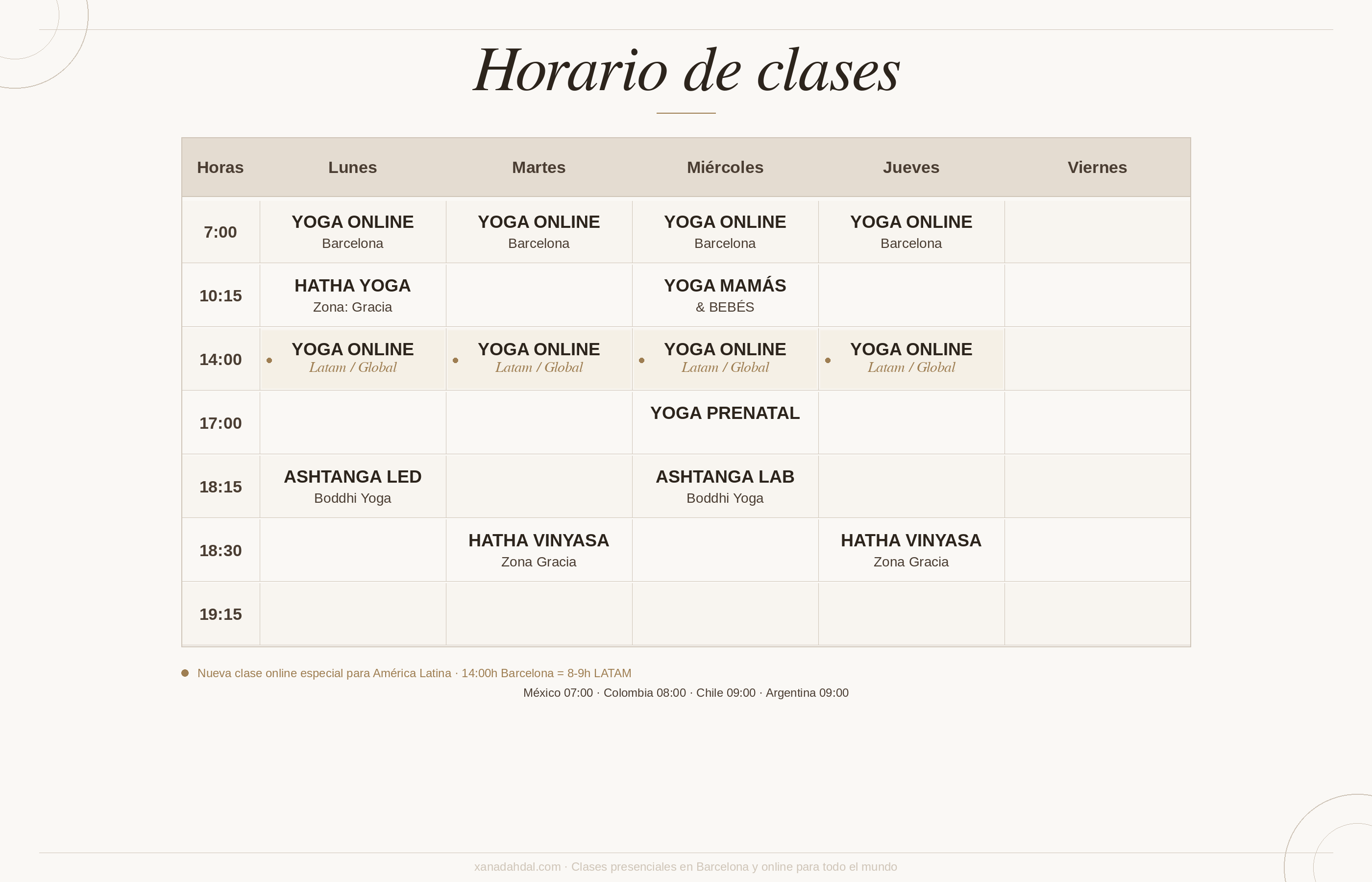 Horario de clases Xana Dahdal