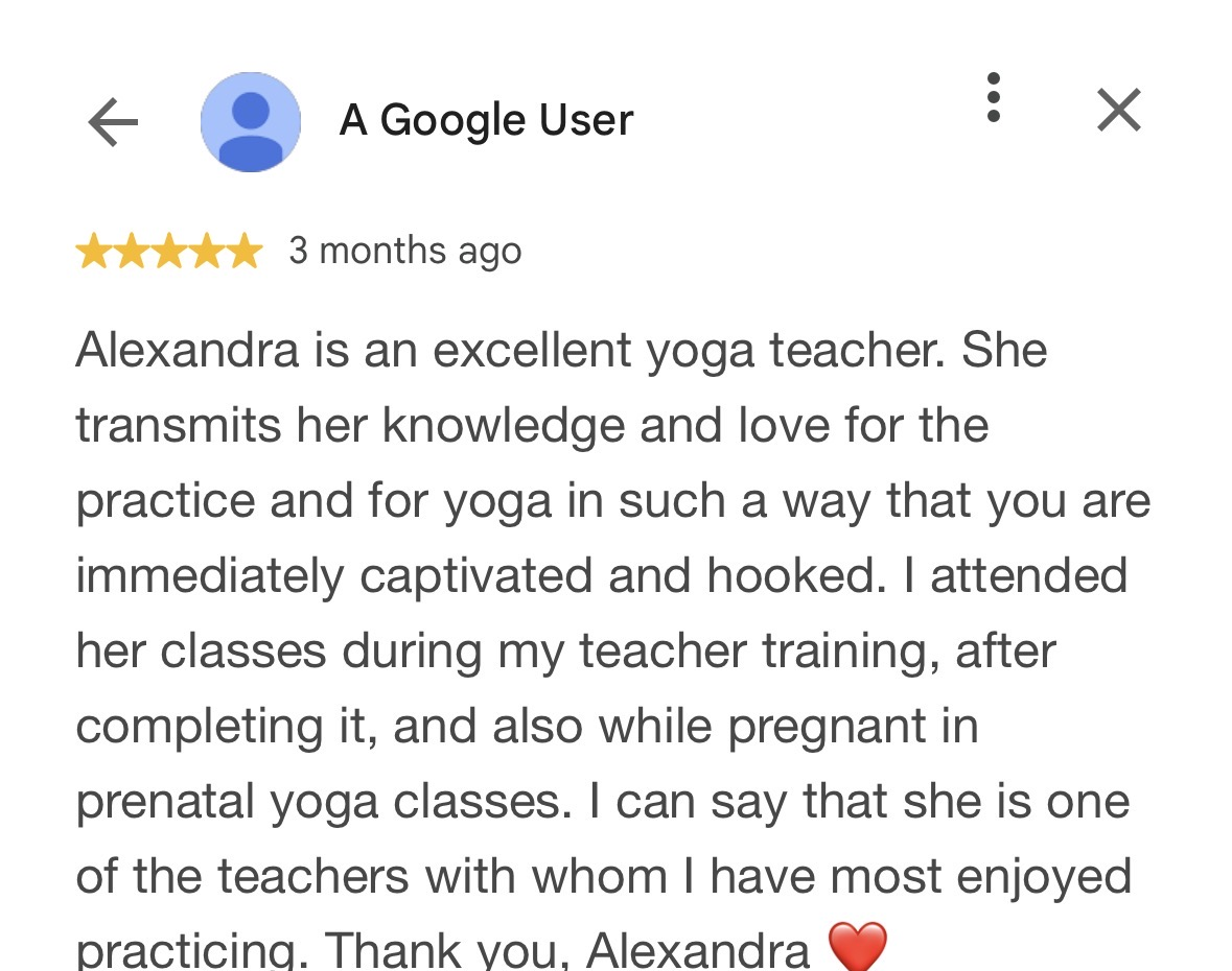 Reseña de Google: alumna de la formación de profesoras y de las clases prenatales