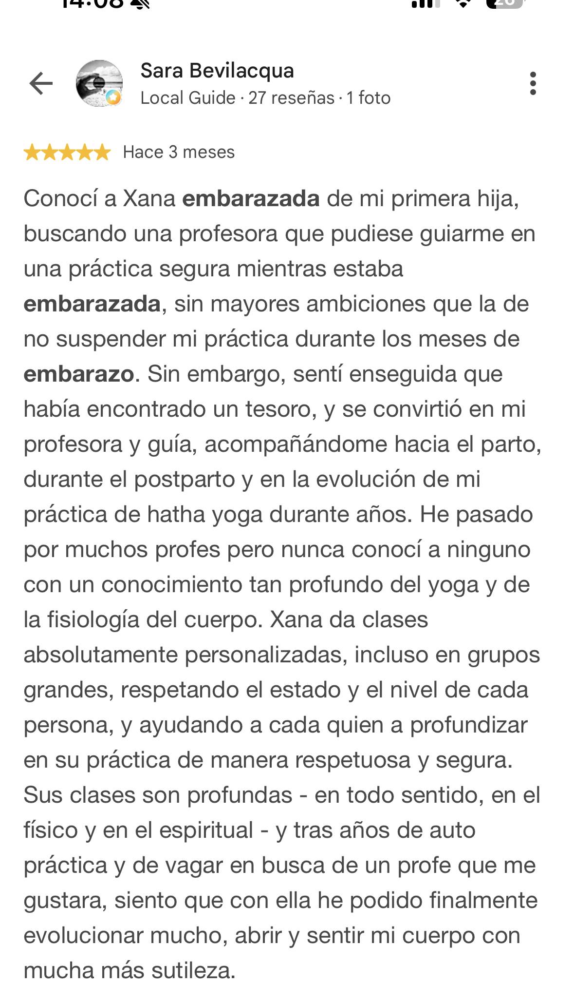 Reseña de Google de Sara Bevilacqua sobre las clases de embarazo y posparto con Xana